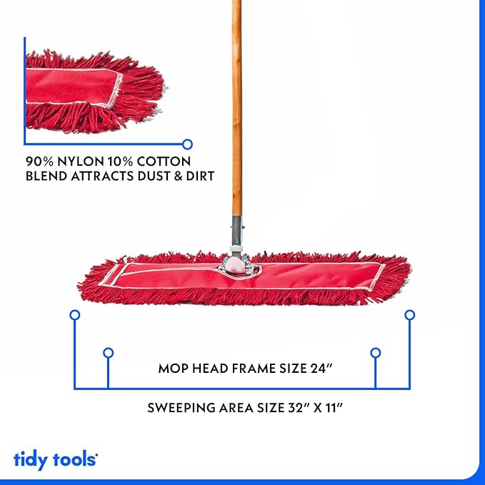 24 Inch Red Commercial Dust Mop & Floor Sweeper – Wood Handle Floor Mop for Tile, Hardwood & Concrete