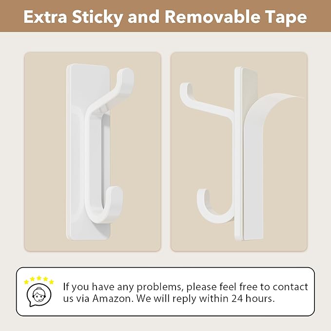 Wall Hooks for Coat and Towel: 13LB Adhesive Door Hanger Stick on, White 6 Pack