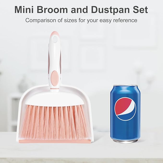 NACENA Small Dust Pan and Brush Set, Mini Broom and Dustpan Set Small Hand Broom and Brush Combo Dust Pan with Teeth for Home Cleaning Drawers Desktop Sofas Pet Care and Outdoor, Pink
