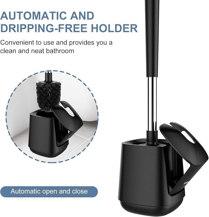 SetSail Toilet Brush and Holder 3 Pack, Self Closing Lid Toilet Bowl Brushes Holder Extra Long Handle Ventilated Toilet Brush Set for Bathroom Cleaning, Nylon Bristles, Black