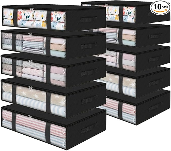 StorageRight Under Bed Storage Bins, 10-Pack 40L Foldable Fabric Storage Bags with Transparent Window, Breathable Organizer for Clothes/Blanket/Comforter/Quiltr, Black