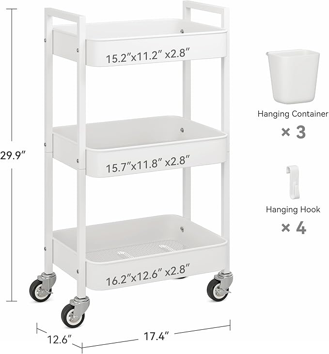 3 Tier Rolling Cart,Utility Cart with Locking Wheels, Hanging Cups,&Hooks, Heavy Duty Metal Storage Organizer Cart for Kitchen,Office, Bathroom,Craft Room,White