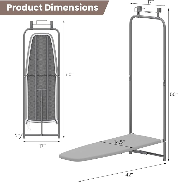 COSTWAY Over The Door Ironing Board, Space-Saving Metal Hanging Ironing Board with Iron Holder & Cotton Cover, Compact Fold Down Iron Stand for Home, Apartment, Laundry Room, Dorm, Gray