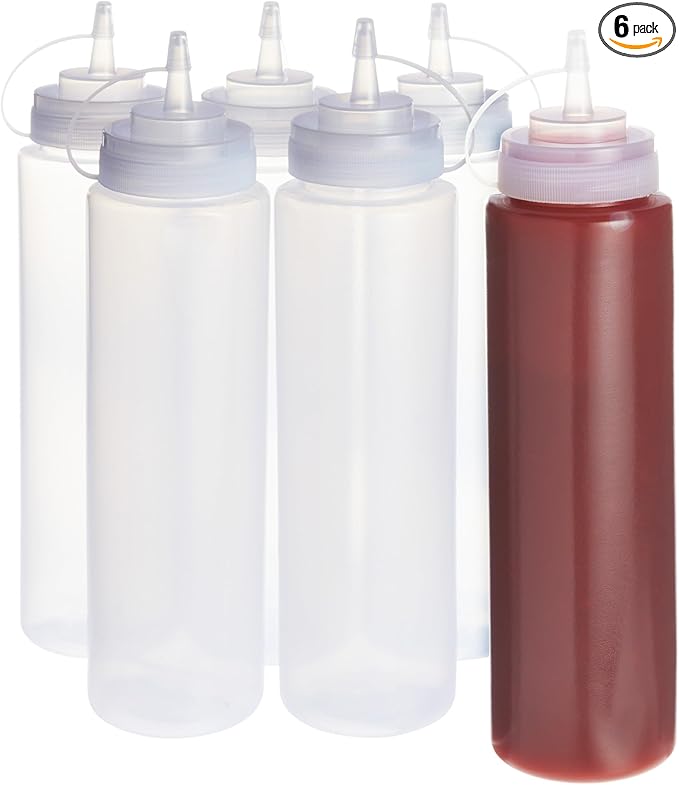 Stockroom Plus Condiment Squeeze Bottles - 24 oz, Clear, 6-Pack - Plastic Squeeze Bottle Set for Sauces & Condiments with Squirt Caps - Leak-Proof Reusable Sauce Containers