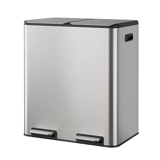 WLIVE 2 x 8 Gallon / 2 x 30 Liter Dual Trash Can, Stainless Steel Double Compartment Classified Kitchen Trash Can, with Plastic Inner Buckets, Handles, Soft-Close Lid, Deodorizing Filter Box, Silver.
