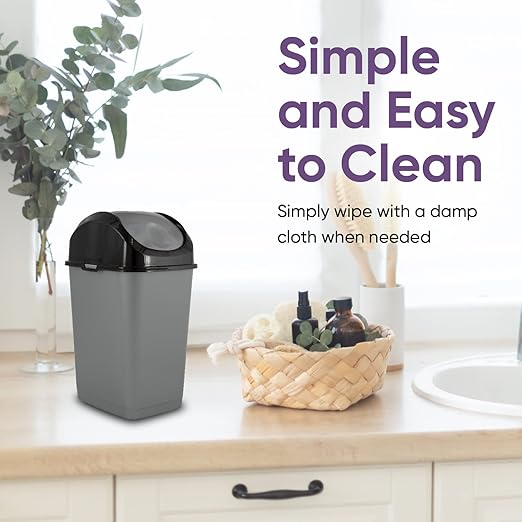 Superio Mini Plastic Trash Can with Swing Top Lid 1.25 Gallon Compact Small Waste Bin Portable Garbage Can for Countertop, Desktop, Make up Vanity, Bathroom, Car, Under Sink, Dorm 5 Qt (Grey/Black, 2)