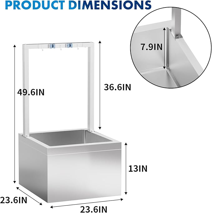 TONGMO Stainless Steel Floor Mop Sink, Mop sink with Cleaning Tool Rack (23.6" x 23.6" x 13")