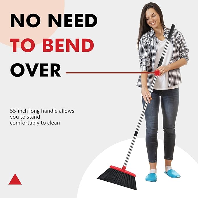 Heavy Duty Broom, 55 Inch Long Handle Outdoor Large Angle Brooms, Commercial Broom for Sweeping Indoor, for Home Garage Kitchen Office Courtyard Lobby Patio Lawn Concrete