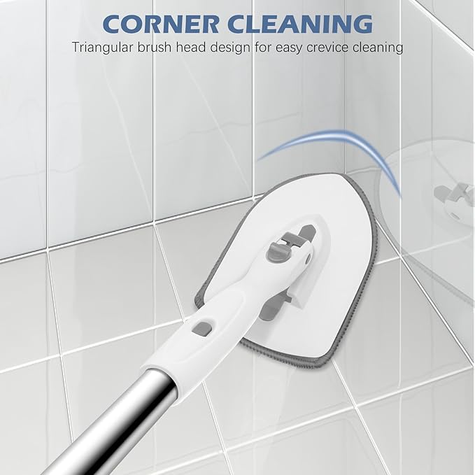 SetSail Floor Scrub Brush, 3-in-1 Tile Tub Floor Scrubber with 52-inch Adjustable Long Handle Shower Cleaner Brush and 4 Detachable Replacement Brush Heads for Cleaning Bathroom Tub Tile, White
