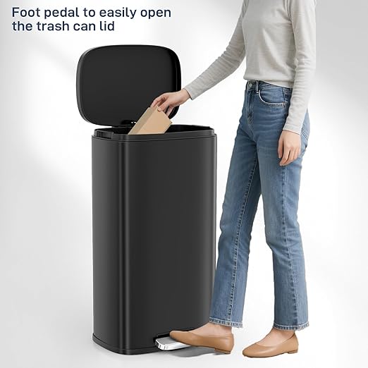 Arlopu13.2 Gallon Step Trash Can, Stainless Steel Garbage Bin, Soft-Close Rubbish Bin with Removable Plastic Inner Bucket, Fingerprint-Proof, Lid Dustbin, Suit for Kitchen Home (Black, 50L)