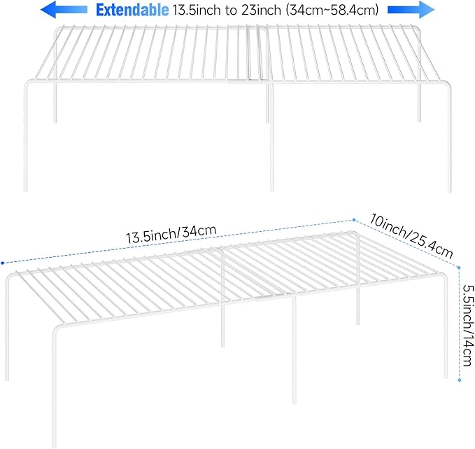 Expandable Storage Shelf, Pantry Organizers and Storage, Adjustable Rustproof Metal Wire Spice Rack, Space Saver Kitchen Storage Shelves for Pan, Pot, Countertop, Drawer, Fridge, Set of 4, White