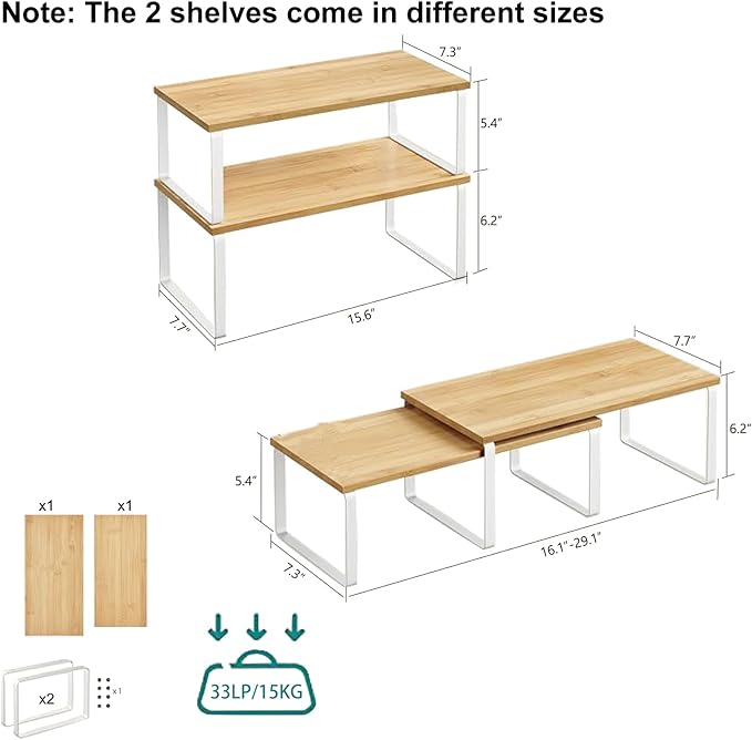 Cabinet Organizer Shelf, Kitchen Counter Storage, 2-Piece Set, Stackable Spice Rack, Metal and Wood (White and Natural Beige)