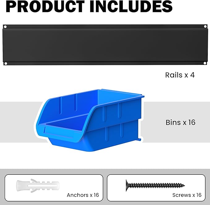 Ultrawall Wall Mounted Storage Bins, Plastic Hanging Storage Organizer Bins, Garage Tool Storage System for Screws, Nuts, Bolts, Nails, and Small Hardware Parts, 16x bins & 4 x rails, Blue
