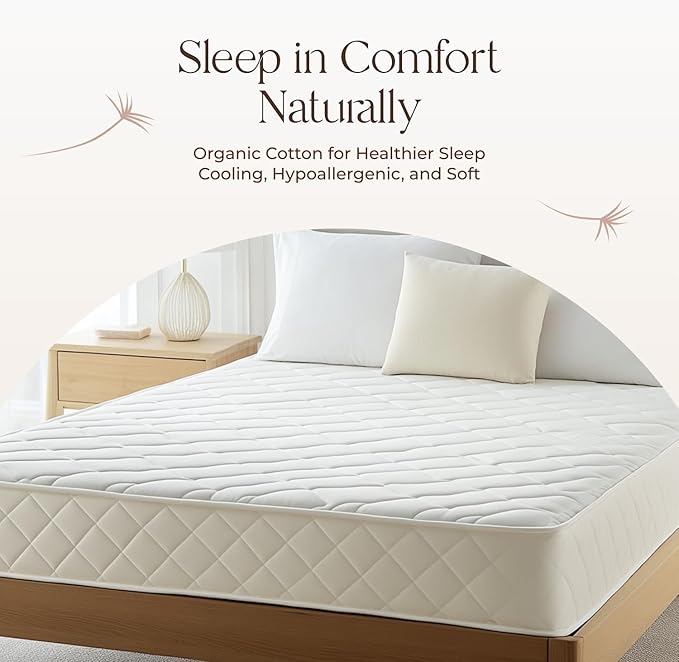 100% Cotton Organic Mattress Pad - Breathable, Cooling, Not Waterproof Mattress Protector Twin Size - Premium 300GSM Quilted and Noiseless Machine Washable Organic Mattress Protector (Ivory, Twin)
