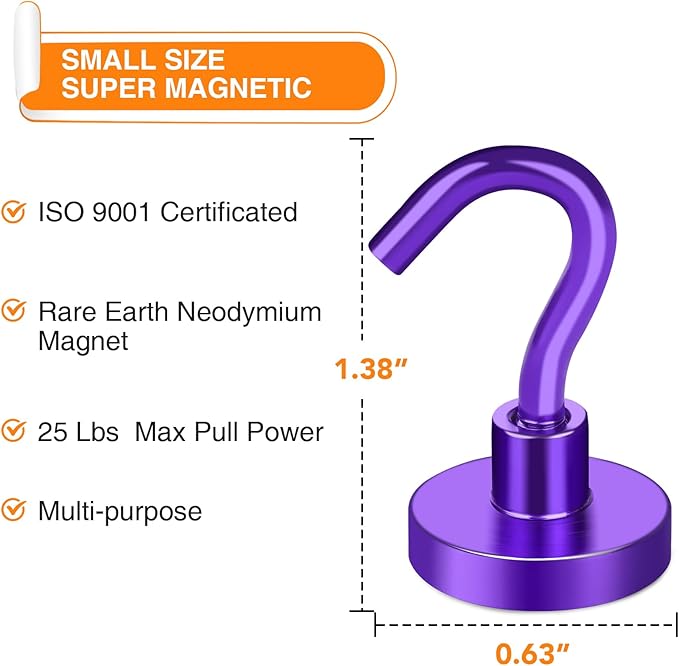 MIKEDE Magnetic Hooks Heavy Duty, 28LB+ Strong Magnets with Hook for Fridge, Neodymium Extra Strength Industrial Hooks for Hanging, Magnetic Hanger for Toolbox, Cruise, Grill (Purple, 4 Pack)