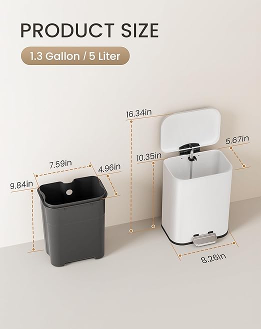 Cesun Small Bathroom Trash Can with Lid-1.3 Gal, Outdoor Stainless Steel Garbage Can for Dog Poop with Anti-Slip Base, for Bathroom, Bedroom, Office, RV, Living Room, White