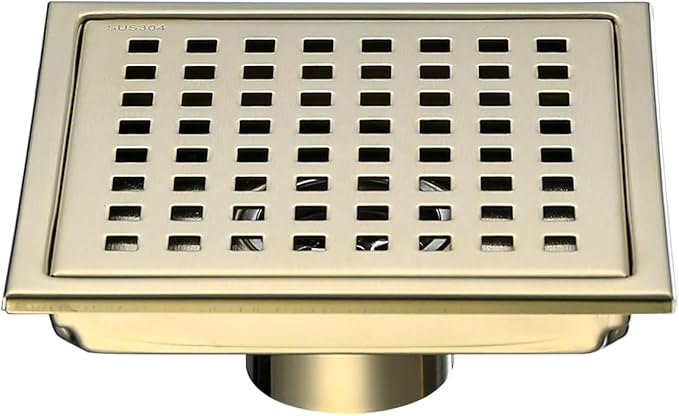 RANDOM Brushed Gold Shower Drain Square 6 Inch Shower Floor Drain with Grid Grate & Removable Hair Strainer 304 Stainless Steel Shower Drain Cover Bathroom Accessories.98738BG