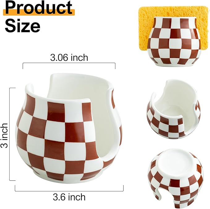 Checkered Sponge Holder for Kitchen Sink Counter, Ceramic Dish Sponge Caddy White Sink Organizer Dish Rack Farmhouse Brush Holder for Bathroom, Brown and White