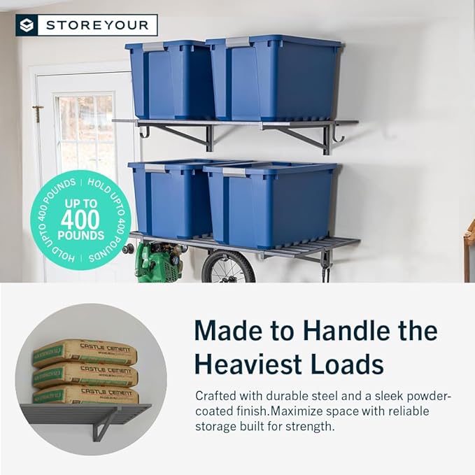 StoreYourBoard 2-Pack Heavy Duty Wall Shelves – Wall-Mounted Garage Storage Shelving and Organization for Sheds, Closets, or Utility Rooms – Holds 200 lbs, 1ft x 4ft, Hammered Gray