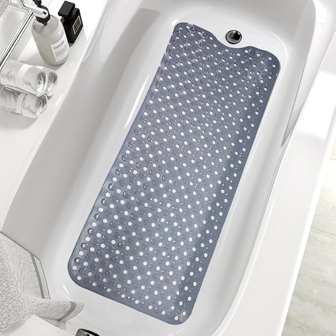 Bath Tub Mat Non Slip, 39 x 16 Inch Long Shower Mat, Machine Washable Bathmat with Drain Holes (Gray)