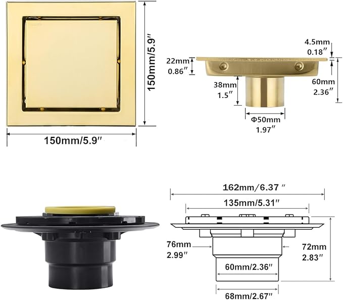 RANDOM Brushed Gold Shower Drain Square with Adjustable Base Flange,SUS304 Stainless Steel 6 inch Floor Drain Kit with Tile Insert Flat Shower Drain Cover & Threaded Adapter.98728BG-S