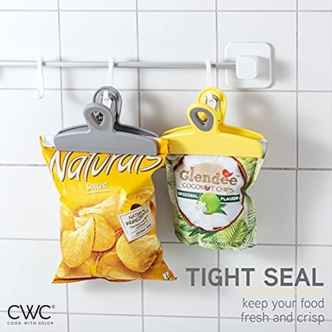 COOK WITH COLOR Bag Clips - Heavy Duty Chip Clip and Refrigerator Magnet Clips for Food Storage with Air Tight Seal Grip, Yellow and Grey, Pack of 8 Large Clips