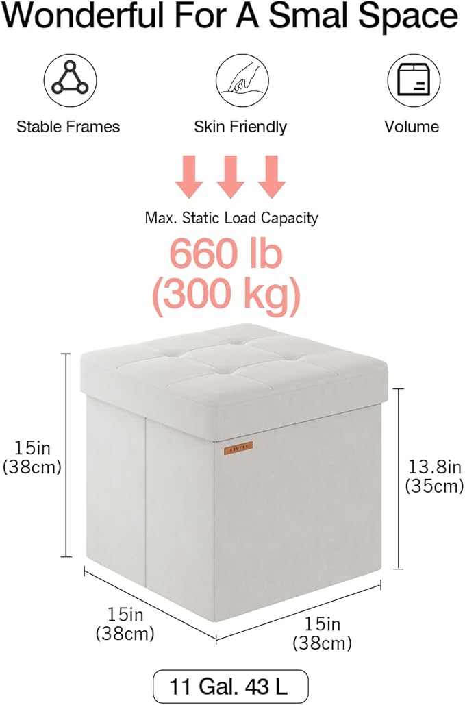 Folding Storage Ottoman, Velvet Storage Bench, Footrest, Footstool,for Living Room, Bedroom and Office,15 x 15 x 15 Inches, 300 kg Load Capacity,Cream White, UASND04W