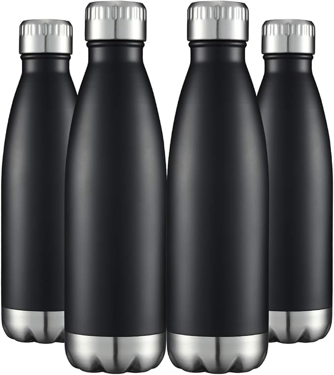 HASLE OUTFITTERS 17oz Stainless Steel Water Bottles Bulk, Vacuum Insulated Water Bottles Double Walled Reusable Metal Sports Water Bottles Keep Drinks Hot and Cold, Black, 4Packs