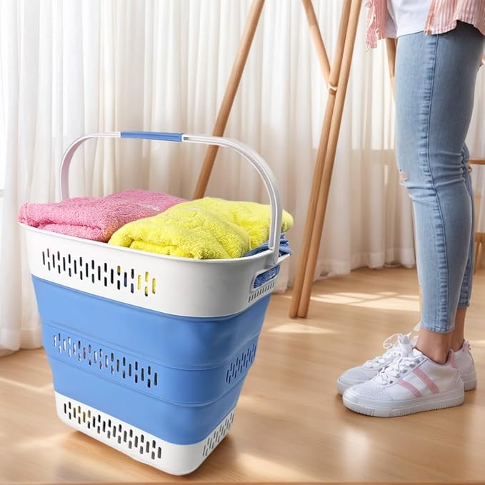 SAMMART 40L (10.5 Gallon) Collapsible Plastic Laundry Basket with Handles - Foldable Pop Up Storage Container/Organizer - Portable Laundry Hamper - Space Saving (1, Grey/Little Boy Blue)