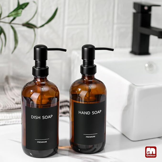 GMISUN Amber Glass Soap Dispenser, 2 Pack Bathroom Hand Soap Dispensers with Stainless Steel Pump, 17 Fl Oz Kitchen Hand and Dish Soap Dispenser Set, Modern Vintage Liquid Brown Soap Dispensers Bottle