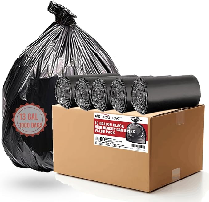 13 Gallon Trash Bags, 1000 Count Bulk Value Pack, Black Tall Kitchen Garbage bags, Multi-purpose Trash Can Bin Liners for Bathroom, Office, Industrial, Commercial, Janitorial, Municipal, Recycling