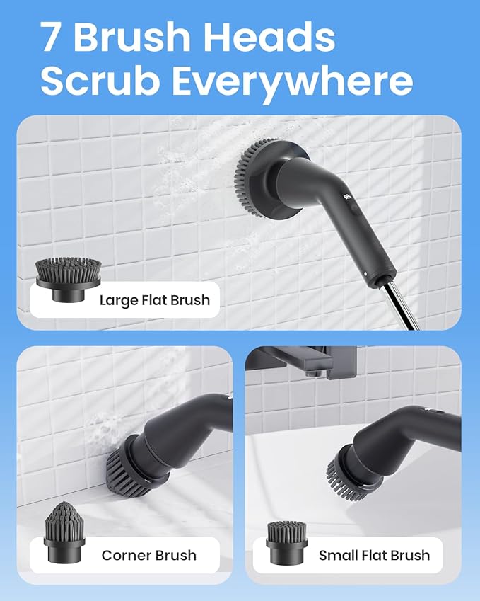 Leebein Electric Spin Scrubber, 2025 Upgraded Cordless Cleaning Brush Scrubber, IPX7 Waterproof Power Scrubber with 7 Brush Heads, Extended Handle and 2 Speeds for Bathroom Shower Bathtub Floor
