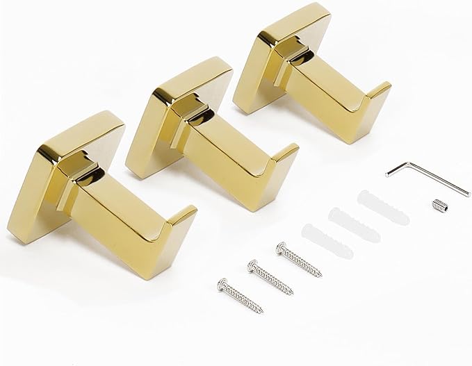 NearMoon Bath Towel Hooks -SUS304 Stainless Steel Square Clothes Robe Hooks Hanger, Heavy Duty Coat Hooks for Bathroom Livingroom Hotel Kitchen Garage, Wall Mounted (3 Pack, Chrome Gold)