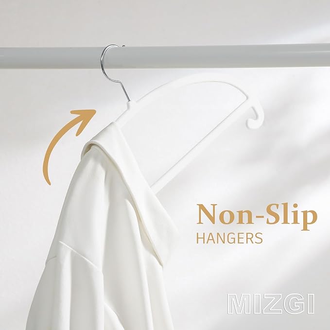 MIZGI 50 Pack White Velvet Hangers - No Shoulder Bumps, Heavy Duty Non-Slip Chrome Hooks for Jackets, Coats, Pants