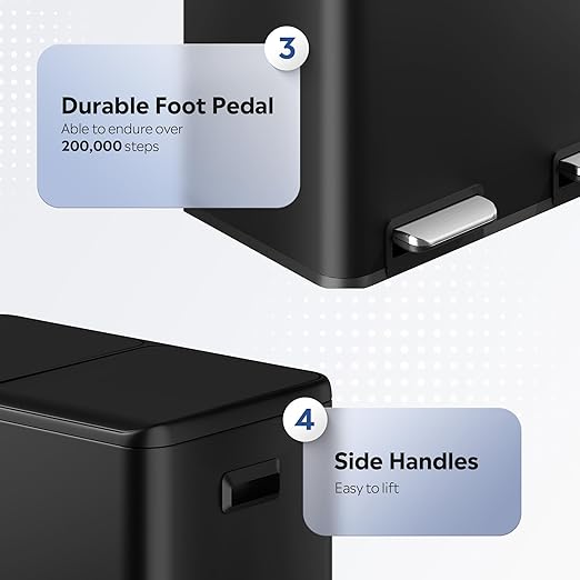 WLIVE Dual Trash Can, 2 x 8 Gallon (2 x 30 L), Step Trash Can with Lid with Inner Buckets, 2 Compartment, Heavy-Duty Stainless Steel Gabage Can for Kitchen with 15 Trash Bags, Black