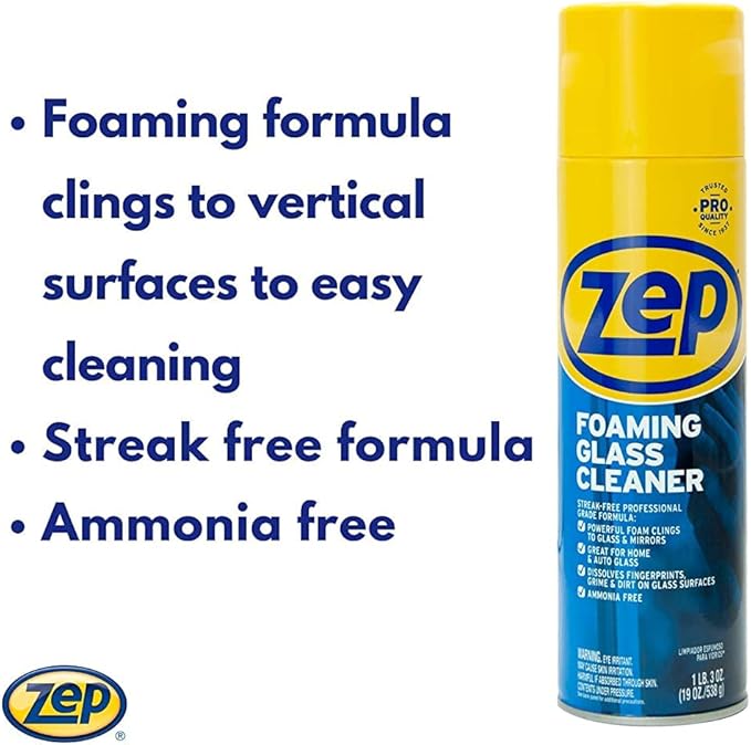 Zep Foaming Glass and Plexiglass Cleaner - 19 oz (Case of 4) ZUFGC19 - Foaming Formula Clings to Vertical Surfaces. Trusted by Pros