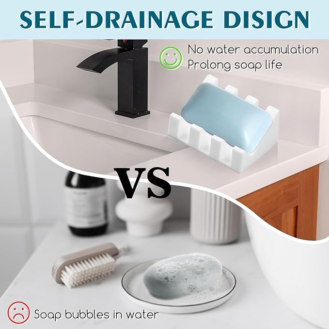 Silicone Soap Dish for Bar Soap Holder for Shower Bathroom Self Draining Waterfall Drying Tray Keep Soap Bars Dry Clean & Easy Cleaning (White, 2)