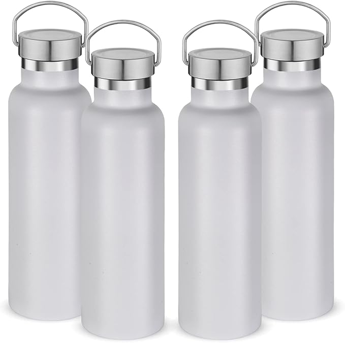Neihepal 20 oz Insulated Water Bottles Bulk 4 Pack,Stainless Steel Double Wall Sport Bottle with Lid of Handle,Metal Reusable Thermoses Flask with Cup Cap for School,Hikers,Gift (White,Set of 4)