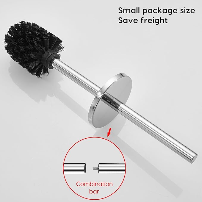 Toilet Brush and Brush Holder, Stainless Steel No-Punch Hook Base Dual Purpose Toilet Brush Holder with Removable Inner Bucket and Splash Cover - Soft Bristles (Chrome)
