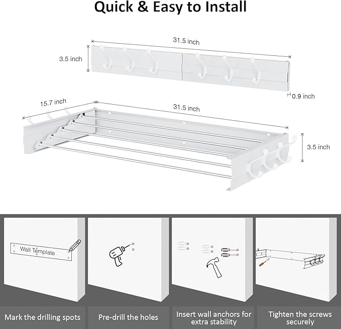 Laundry Drying Rack, Collapsible Wall Mounted Clothes Drying Rack - Foldable,Space Saving, 13.2 Linear Ft, 5 Aluminum Rods, 60 lb Capacity (White, 31.5" Wide)