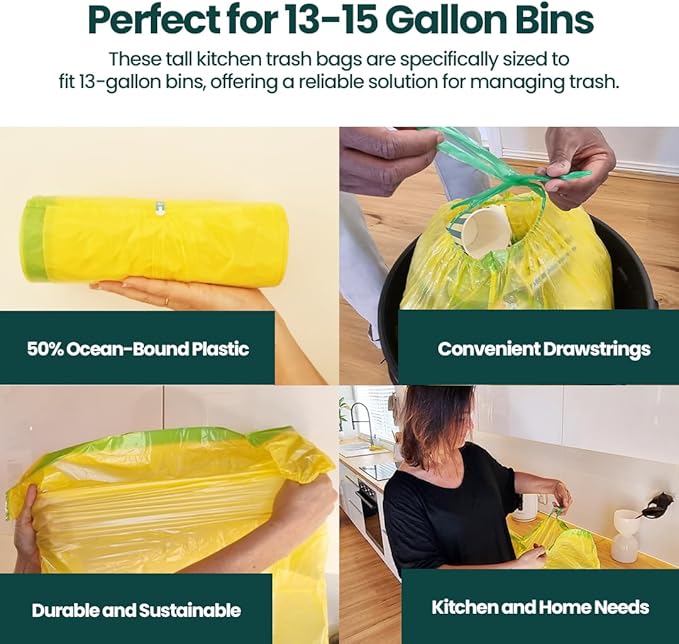13 Gallon Trash Bags with Drawstrings, 40 Bags Made from 50% Recycled Plastic, Leakproof and Tear-Resistant, Tall Kitchen Garbage Bags for Home and Office