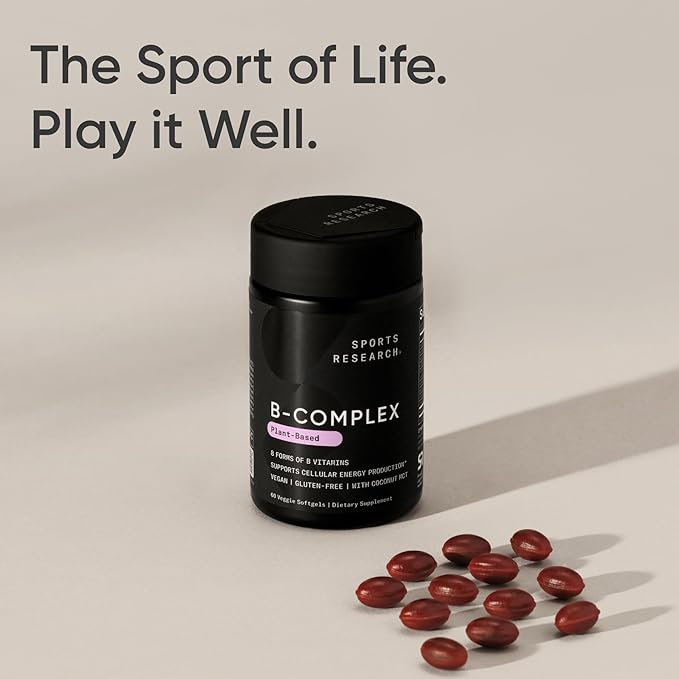 Sports Research® Vitamin B-Complex - Full Spectrum of B Vitamins with Methylated B12 & Folate - Gluten Free · Plant-Based · Non-GMO · Vegan-Friendly Formula - 60 Veggie Softgels