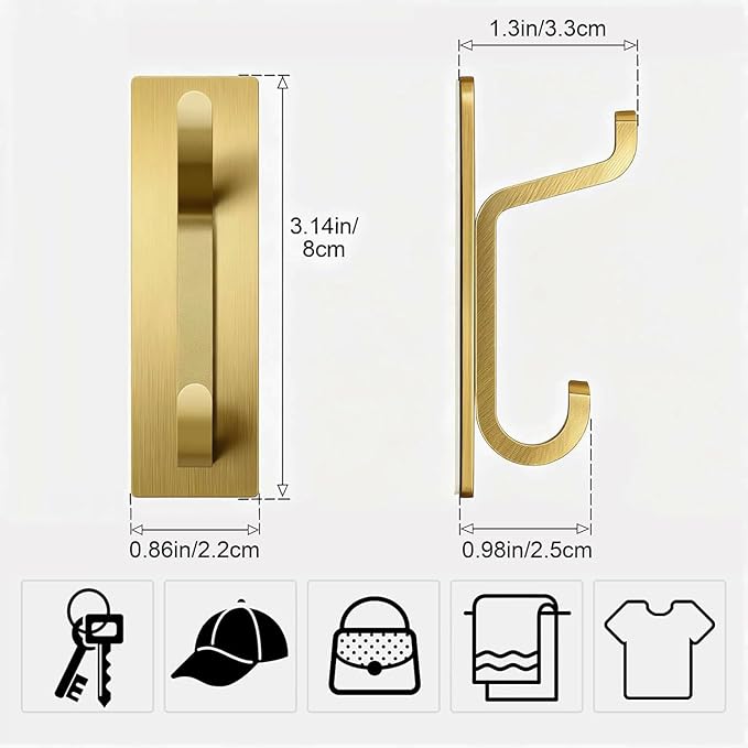 pickpiff Self Adhesive Hooks, Extra Sticky 10LB (Max), Heavy Duty Stainless, Stick On Wall and Door Hooks for Hanging, Bathroom Towel Hooks and Coat Hooks, Robe Hook Wall Mounted, Gold, 4 Pack