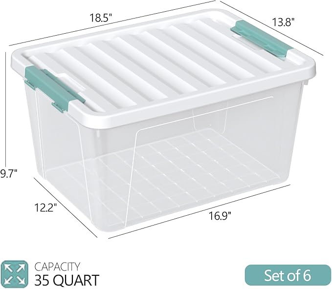 Zopnny 6-Pack 35 Quart Plastic Latch Storage Box with Lid, Stackable Latching Storage Bin, Clear