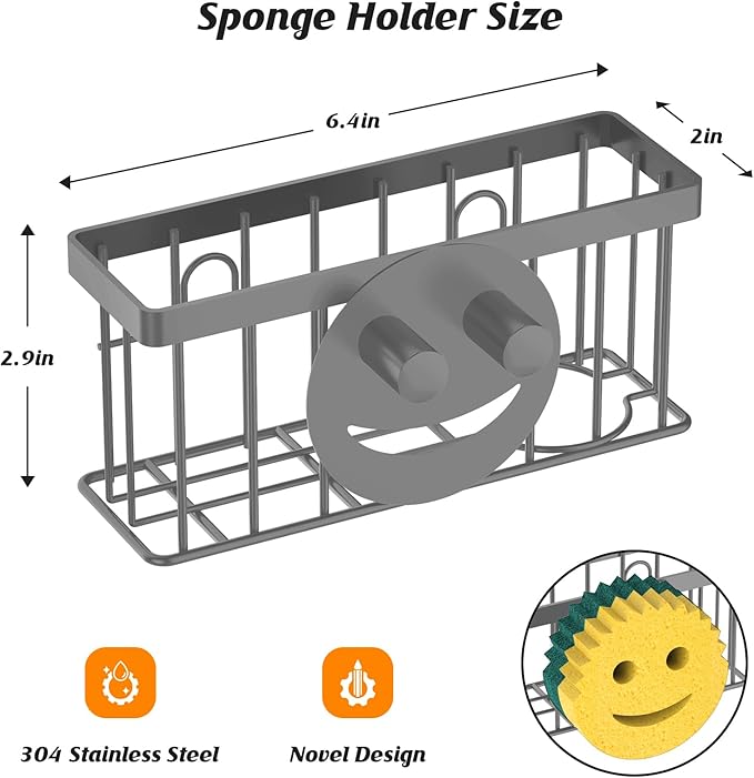 Sponge Holder Smiley Face,Sink Caddy for Kitchen Sink,Sponge Holder with 2 PCS Suction Cups/1 PCS Adhesive Strips,Designed for Sponge,Soap,Dish Brush,Scrubber-Charcoal Gray