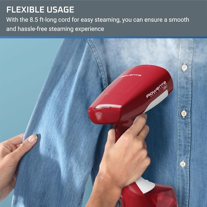 Rowenta, Steamer for Clothes, X-Cel Easy Steam Handheld Steamer, 15 Second Heatup, 5 Ounce Capacity, 1400 Watts, Portable, Travel Must Have, Red Clothes Steamer, DR7112