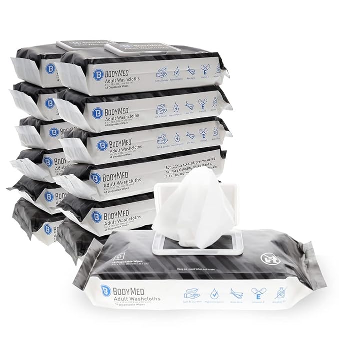 BodyMed Adult Disposable Incontinence Wipes, 48 Wipes/Pack (12-Pack) - Pre-Moistened & Hypoallergenic Washcloths Formulated with Vitamin E & Aloe Vera