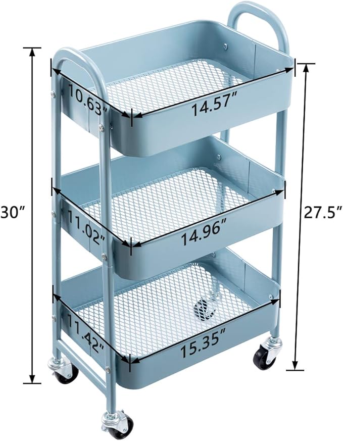 AGTEK Makeup Cart, Movable Rolling Organizer Cart, Grey-Blue 3 Tier Metal Utility Cart