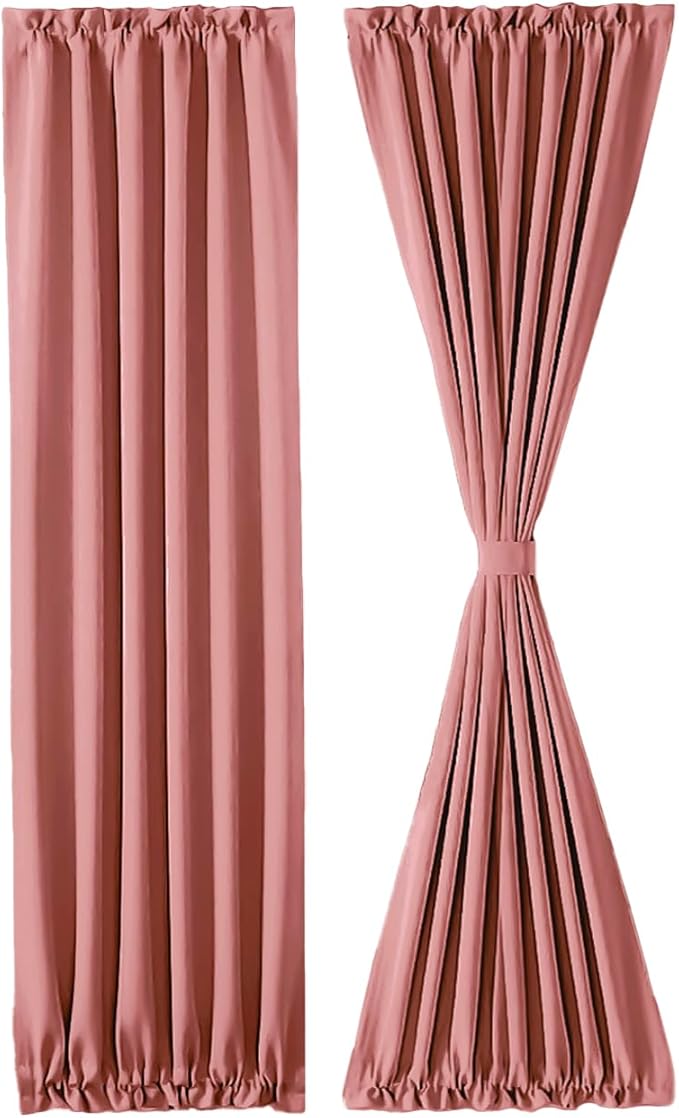 DWCN French Door Curtains – Rod Pocket Thermal Blackout Curtain for Window/Patio Doors/Doorways/Classroom/Kitchen for Privacy, 25W by 72L Inches, 1 Panel with Tieback, Dry Rose