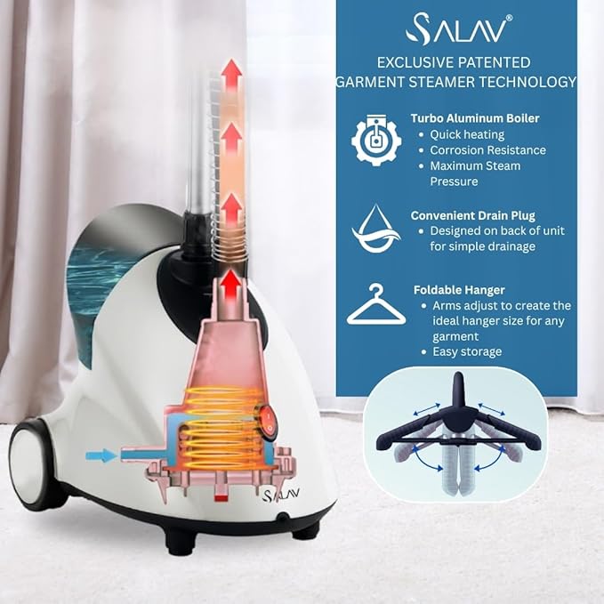 SALAV GS18 Full-Size Clothes Steamer - 1500W Power, 1.8L Water Tank, 60-Min Garment Steam, Iron Clothing, Adjustable Pole & Wheels for Easy Storage, Professional Standing Steamer for Clothes, White